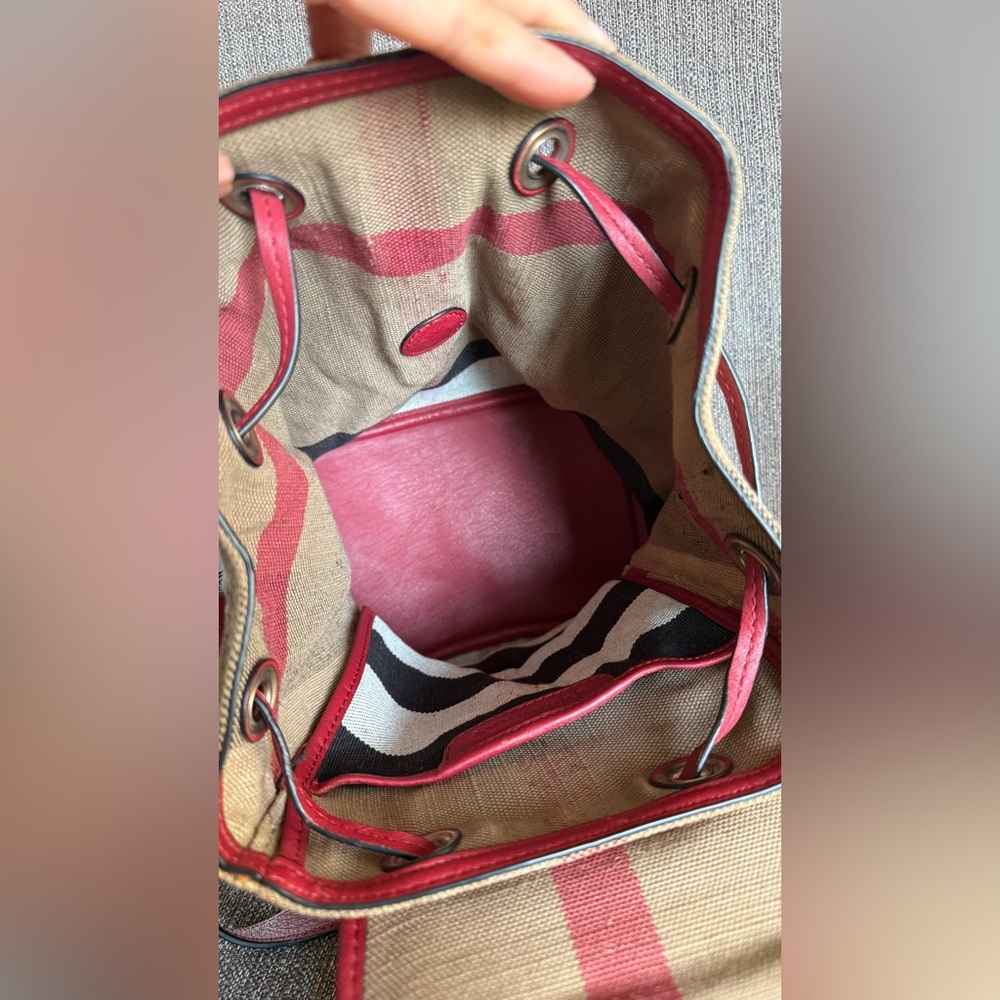 Burberry Beige Canvas Backpack with Red Heart Print and Red Leather Trim - Picture 13 of 16